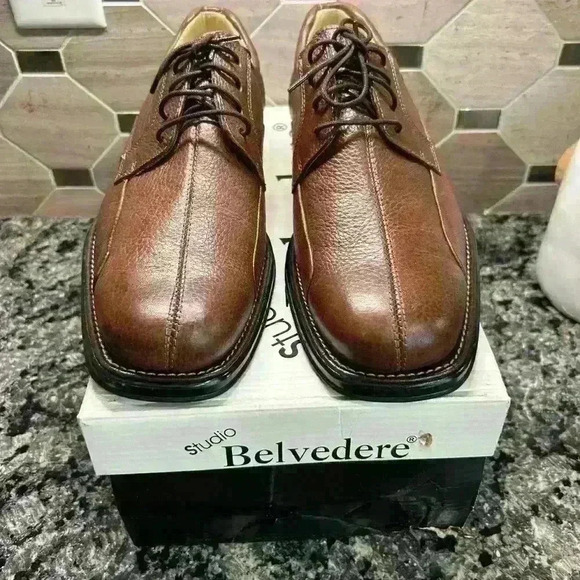 LIKE NEW BELVEDERE Bay Bridge Men's Soft Brown Pebble Leather Shoes Size 8.5D - Picture 13 of 13